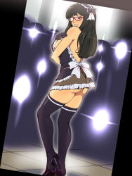  1girl ass backless_outfit black_hair blush breasts brown_eyes camera_flash clenched_teeth covering_privates dutch_angle embarrassed frilled_skirt frills from_behind glasses gloves greco_roman_(spiral_brain) hair_ribbon high_heels highres large_breasts long_hair looking_back maid no_bra panties ribbon see-through skirt teeth thighhighs thong underwear zettai_ryouiki  rating:Questionable score:31 user:TeacherCarla