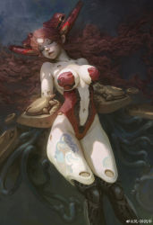  1girl abstract_background bare_shoulders breasts chinese_commentary cleavage closed_eyes closed_mouth commentary_request cyborg fenghua_zhong large_breasts leg_tattoo legs lips long_hair mechanical_arms mechanical_legs navel original production_art red_hair simple_background solo stomach tattoo very_long_hair 