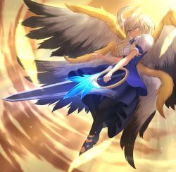  1girl angel_wings armor armored_dress feathers glowing glowing_sword glowing_weapon hair_blade source_request sword weapon wings  rating:Sensitive score:2 user:Hokata