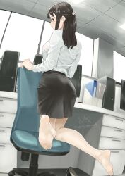  1girl absurdres ass black_eyes black_hair desk feet highres light_blush long_hair looking_at_viewer looking_back mbr90munouk office office_lady pantyhose shoes soles swivel_chair toes unworn_shoes  rating:Sensitive score:34 user:ssfl