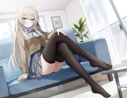  1girl black_thighhighs blazer blonde_hair blue_bow blue_bowtie blue_eyes blue_ribbon blurry blush bow bowtie brown_jacket character_request commentary copyright_request couch cover cover_image cover_page crossed_legs curtains depth_of_field dutch_angle from_below hair_ribbon hand_on_own_knee hand_rest highres jacket kokou_no_hana_to_yobareru_eikoku_bishoujo_gimai_ni_nattara_bukiyou_ni_amaete_kita lapels long_hair long_sleeves miniskirt notched_lapels novel_cover novel_illustration official_art on_couch parum39 plant pleated_skirt ribbon school_uniform shirt sitting skirt smile solo thighhighs very_long_hair white_shirt wing_collar 