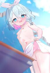  1girl absurdres arona_(blue_archive) bar_censor blue_archive blue_eyes blue_hair blush bow braid breasts censored cleft_of_venus clothes_lift crotch_rub desk from_below hair_bow halo highres lifted_by_self loli masturbation navel nipples no_panties open_mouth pussy pussy_juice ribbon school_desk school_uniform shiratsuyu_miu short_hair skirt skirt_lift small_breasts solo table_humping thighs topless white_skirt 