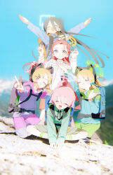  5girls absurdres ahoge animal_ear_headphones animal_ears aris_(blue_archive) backpack bag blonde_hair blue_archive blue_eyes blue_hair blue_halo blue_sky bm_tol braid cat_ear_headphones closed_eyes dark_blue_hair day fake_animal_ears game_development_department_(blue_archive) green_halo grin halo headphones highres hiking hoshino_(blue_archive) indian_style jacket kneeling long_hair_between_eyes midori_(blue_archive) momoi_(blue_archive) multiple_girls open_mouth outdoors outstretched_arms pink_eyes pink_hair pink_halo red_hair siblings single_braid sisters sitting sky smile spread_arms twins v yellow_halo yuzu_(blue_archive) 