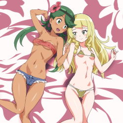 2girls :d arm_support arm_up armpits bad_id bad_pixiv_id bare_arms bare_legs bare_shoulders bed bikini blonde_hair blush braid breasts closed_mouth collarbone couple creatures_(company) dark-skinned_female dark_skin denim denim_shorts eye_contact female_focus flat_chest flower friends from_above game_freak green_bikini green_eyes green_hair groin hair_flower hair_ornament hairband holding_hands interlocked_fingers legs lillie_(pokemon) long_hair looking_at_another low_twintails lying mallow_(pokemon) midriff multiple_girls navel neck nintendo on_back ontaros open_mouth pink_flower pokemon pokemon_(anime) pokemon_sm pokemon_sm_(anime) red_tube_top round_teeth short_shorts shorts small_breasts smile strapless swimsuit teeth trial_captain tube_top twin_braids twintails underboob yellow_bikini yuri rating:Questionable score:127 user:danbooru