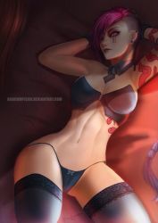  1girl breasts league_of_legends lying on_back pink_hair purple_eyes short_hair solo tagme vi_(league_of_legends)  rating:Questionable score:20 user:FreakaerF