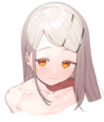  1girl bare_shoulders blush collarbone commentary_request cropped_shoulders gakuen_idolmaster grey_hair highres idolmaster long_hair looking_at_viewer neck no_bra orange_eyes shinosawa_hiro signalviolet simple_background smile solo topless topless_frame white_background 