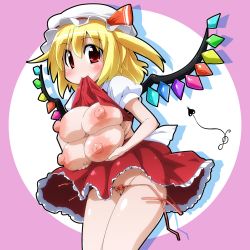  1girl alternate_breast_size blonde_hair blush breast_hold breasts breasts_out clothes_in_mouth clothes_lift dress extra_breasts flandre_scarlet hat huge_nipples large_breasts looking_at_viewer mob_cap mouth_hold nipples open_clothes open_shirt panties pantyshot partially_visible_vulva puffy_nipples puffy_sleeves pun red_eyes semahiro shirt shirt_in_mouth shirt_lift short_hair short_sleeves side-tie_panties skirt smile solo string_panties touhou underwear untied upskirt wedgie wings  rating:Explicit score:38 user:danbooru