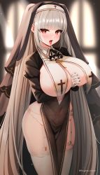  1girl alternate_costume ascot azur_lane bangs black_dress black_veil blunt_bangs blush breast_curtains breasts commentary covered_navel cowboy_shot cross dress formidable_(azur_lane) garter_belt grey_hair habit huge_breasts long_hair looking_at_viewer marota nun open_mouth own_hands_clasped own_hands_together pelvic_curtain red_eyes solo thighhighs tongue tongue_out twintails very_long_hair white_garter_belt white_thighhighs wide_hips 