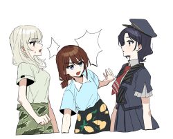  3girls black_hair black_hat black_shirt black_skirt blonde_hair blue_eyes blue_shirt brown_hair camouflage camouflage_jacket clothes_around_waist commentary_request cowboy_shot danji_bang girls_band_cry green_shirt grey_eyes hat iseri_nina jacket jacket_around_waist kawaragi_momoka korean_commentary lemon_print long_hair looking_at_another medium_hair multiple_girls nana_(girls_band_cry) necktie open_mouth pleated_skirt print_skirt red_necktie shirt short_sleeves short_twintails simple_background skirt sweatdrop twintails white_background yellow_eyes 