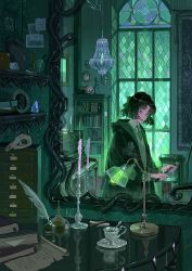 1girl absurdres animal_skull black_hair blue_gemstone bob_cut book book_stack bookmark bookshelf bottle bow candle candlelight ceiling_light closed_mouth coat collared_shirt crystal cup flower gem green_bow green_coat green_necktie green_theme grey_sweater harry_potter_(series) highres hogwarts_school_uniform holding holding_wand hood hood_down hooded_coat indoors ink_bottle instrument iyzlime jewelry lamp light_particles long_sleeves looking_at_viewer looking_to_the_side magic marionette mirror necklace necktie night original paper photo_(object) piano picture_frame portrait_(object) pov puppet quill saucer school_uniform shirt short_hair skull slytherin snake spider_lily stained_glass striped_necktie sweater table teacup upper_body upright_piano wand wavy_hair white_shirt window wizarding_world rating:General score:10 user:danbooru