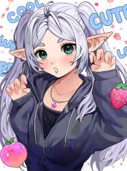  1girl blue_eyes ear_piercing elf english_text food frieren fruit pawsup peach piercing pointy_ears sousou_no_frieren strawberry twintails upper_body white_hair 