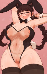  1girl animal_ears bow braid breasts brown_eyes brown_hair cleft_of_venus curvy detached_collar fake_animal_ears fang glasses haru_no_manji highres large_areolae large_breasts large_nipples leotard long_hair meme_attire nipples open_mouth original playboy_bunny plump pussy_juice rabbit_ears see-through smile solo sweat thick_thighs thighs translucent_bunnysuit twin_braids wide_hips  rating:Explicit score:74 user:danbooru