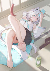  1girl absurdres animal_ear_fluff animal_ears bare_shoulders barefoot black_skirt blue_neckerchief blush breasts catnip cellphone convenient_leg detached_sleeves feet fox_ears fox_girl fox_tail front_slit green_eyes highres holding holding_phone hololive large_breasts legs long_hair long_sleeves looking_at_viewer lying medium_breasts miniskirt neckerchief on_back on_floor phone pleated_skirt pout sharc shirakami_fubuki shirakami_fubuki_(1st_costume) skirt smartphone soles solo tail virtual_youtuber white_hair white_sleeves 