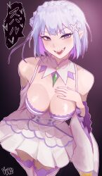  artist_name bare_shoulders blush braid breasts cleavage commentary crown_braid dress elf emilia_(re:zero) english_commentary flower gem green_gemstone hair_flower hair_ornament hair_ribbon hand_on_own_chest highres large_breasts looking_at_viewer low_neckline official_alternate_hairstyle open_mouth pointy_ears purple_eyes purple_ribbon re:zero_kara_hajimeru_isekai_seikatsu re:zero_kara_kasaneru_isekai_seikatsu ribbon rose short_hair smile solo speech_bubble thighhighs vtoku white_flower white_hair white_rose x_hair_ornament yandere 