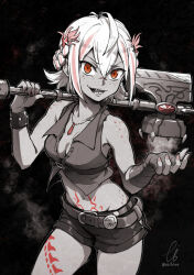  1girl ahoge artist_name bandaged_hand bandages bare_shoulders belt belt_buckle black_background black_shorts body_freckles body_markings braid breasts buckle chest_belt collarbone commentary commentary_typo commission crown_braid crystal_necklace dust ebiblue emblem english_commentary engraved fiera_(chirutai) freckles gem greyscale hair_ornament hammer highres holding holding_hammer holding_weapon huge_ahoge jewelry leather long_bangs looking_at_viewer midriff monochrome multicolored_hair multiple_belts nail_polish navel necklace orange_hair orange_nails original over_shoulder red_bandage red_gemstone revealing_clothes scar scar_on_face scar_on_nose second-party_source shadow sharp_teeth shirt short_hair short_shorts shorts signature skinny small_breasts solo spot_color streaked_hair teeth two-tone_hair war_hammer weapon weapon_over_shoulder white_hair 