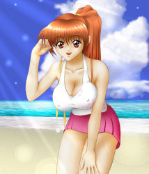  1girl beach breasts dead_or_alive covered_erect_nipples female_focus kasumi_(doa) miniskirt outdoors skirt sky solo tank_top tecmo  rating:Questionable score:8 user:jpavilvr