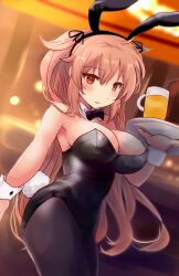  1girl absurdres animal_ears bar_(place) bare_shoulders beer_mug black_leotard black_pantyhose blurry blurry_background blush bow bowtie breasts brown_eyes cleavage commentary covered_navel cup detached_collar fake_animal_ears fake_tail hair_between_eyes hair_flaps hair_ornament hair_ribbon hairclip heterochromia highres hirune_(konekonelkk) indoors kantai_collection large_breasts leotard light_brown_hair long_hair looking_at_viewer mug murasame_(kancolle) murasame_kai_ni_(kancolle) open_mouth pantyhose playboy_bunny rabbit_ears rabbit_tail red_eyes ribbon smile solo strapless strapless_leotard tail traditional_bowtie tray two_side_up waitress wrist_cuffs 