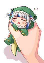  1girl 1other =_= blue_hair blunt_bangs blush chibi closed_eyes commentary_request dinosaur_costume drooling gawr_gura grey_hair hair_ornament hololive hololive_english in_palm kurushiro1102 mini_person minigirl multicolored_hair official_alternate_costume onesie pov pov_hands shark_hair_ornament sharp_teeth sleeping solo_focus streaked_hair teeth two_side_up virtual_youtuber zzz 