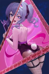 1girl :d animal_ears ass bare_shoulders black_hairband black_leotard black_nails blue_eyes blush breasts caution_tape cellphone fake_animal_ears fake_tail fishnet_thighhighs fishnets from_behind geomissword grey_hair hairband hatsune_miku highres holding holding_phone keep_out leotard long_hair looking_at_viewer looking_back medium_breasts multicolored_hair nail_polish open_mouth phone pink_hair playboy_bunny rabbit_ears rabbit_hole_(vocaloid) rabbit_tail short_twintails sideboob sidelocks smartphone smile solo strap_gap tail thighhighs twintails two-tone_hair uvula vocaloid white_hairband wrist_cuffs 