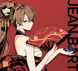  1girl azur_lane backless_kimono backless_outfit breasts brown_hair character_name colored_pencil_(medium) detached_collar earrings flower hair_between_eyes hair_flower hair_ornament hand_fan highres holding holding_fan japanese_clothes jean_bart_(azur_lane) jean_bart_(first_snow_upon_the_cutlass&#039;s_edge)_(azur_lane) jewelry kimono long_hair looking_at_viewer marker_(medium) medium_breasts millipen_(medium) ornate_ring ponytail rabe26k red_background red_eyes red_flower red_sash ring sarashi sash simple_background sleeveless sleeveless_kimono solo traditional_media wedding_ring white_flower  rating:Sensitive score:11 user:danbooru