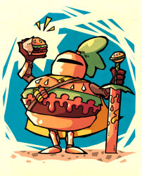  burger commission food food-themed_clothes helmet highres holding holding_burger holding_food holding_sword holding_weapon knight looking_at_viewer original pixiv_commission planted planted_sword planted_weapon setz solo sword weapon 