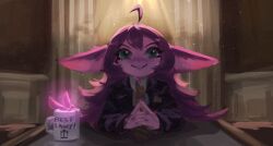  1girl absurdres ahoge animal_ears breaking_bad bug butterfly coffee_mug colored_skin commentary cosplay cup english_commentary english_text formal green_eyes highres insect league_of_legends long_hair lulu_(league_of_legends) mug necktie pocket_square purple_hair purple_skin saul_goodman scene_reference signature smile solo sophyucha suit yordle 