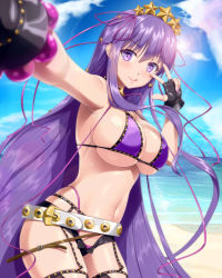  1girl :q armpits bare_shoulders bb_(fate) bb_(fate)_(all) bb_(swimsuit_mooncancer)_(fate) bb_(swimsuit_mooncancer)_(second_ascension)_(fate) beach bead_bracelet beads belt belt_buckle bikini black_gloves black_shorts blurry blurry_foreground bracelet breasts buckle cleavage closed_mouth cloud commentary_request cowboy_shot day depth_of_field fate/grand_order fate_(series) fingerless_gloves garter_straps gloves hair_ornament hair_ribbon hammerman_benkei jewelry large_breasts lens_flare long_hair looking_at_viewer micro_shorts nail_polish navel ocean open_clothes open_fly open_shorts outdoors outstretched_arm purple_bikini purple_eyes purple_hair purple_nails purple_ribbon ribbon selfie short_shorts shorts skindentation smile solo star_(symbol) star_hair_ornament stomach straight_hair sun swimsuit thigh_strap thong tongue tongue_out uniform v v-shaped_eyebrows very_long_hair water  rating:Sensitive score:16 user:danbooru