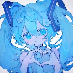  1girl blue_eyes blue_hair blue_theme commentary flower hair_ornament hatsune_miku heart heart_hands highres lilium_susan long_hair looking_at_viewer necktie parted_lips solo symbol-only_commentary twintails upper_body vocaloid 