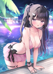  1girl :o arm_support bare_arms bare_shoulders bikini bikini_skirt black_bow black_hair black_nails blunt_bangs blurry blurry_background blurry_foreground blush bow bow_skirt breasts cleavage collarbone cowboy_shot earrings eyelashes frilled_wrist_cuffs frills furrowed_brow grey_ribbon hair_ribbon jewelry leaning_forward long_hair looking_at_viewer masayo_(gin_no_ame) medium_breasts miniskirt multiple_thigh_straps nail_polish navel night o-ring o-ring_bikini o-ring_thigh_strap open_mouth original outdoors palm_tree pink_bikini pink_eyes pink_skirt pleated_skirt pool poolside ribbon ring skindentation skirt solo sparkle string_bikini swimsuit tearing_up thigh_strap tree two_side_up wading water wet wing_hair_ornament wrist_cuffs 