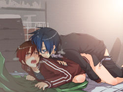 2boys all_fours anal bad_id bad_pixiv_id bed_sheet bitte blue_eyes blue_hair blue_nails bottomless breath doggystyle double_vertical_stripe glasses gym gym_storeroom indoors jacket looking_back lying male_focus multiple_boys nail_polish on_side original rape red_hair saliva school sex sex_from_behind sheet_grab storeroom sweat track_jacket track_suit yaoi rating:Explicit score:191 user:danbooru