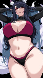 1girl ahri_(league_of_legends) animal_ear_fluff animal_ears arms_behind_head arms_up black_background black_hair breasts expressionless fox_girl from_below hella_p highres large_breasts league_of_legends long_hair looking_at_viewer looking_down makeup navel panties solo sports_bra stomach tail thick_thighs thighs underwear yellow_eyes  rating:Questionable score:72 user:Bulk