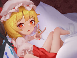  1girl absurdres blonde_hair blush commentary fangs flandre_scarlet frilled_skirt frilled_sleeves frilled_socks frills g2_xpf hat hat_ribbon highres legs_together looking_at_viewer medium_hair mob_cap on_bed one_side_up open_mouth orange_eyes puffy_short_sleeves puffy_sleeves reaching reaching_towards_viewer red_nails ribbon selfie short_sleeves sitting skirt socks solo symbol-only_commentary touhou v white_socks wings  rating:General score:6 user:danbooru
