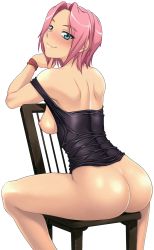  1girl ass back black_shirt blue_eyes blush bottomless breasts breasts_out butt_crack chair female_focus from_behind green_eyes haruno_sakura head_tilt highres huge_ass looking_at_viewer looking_back melkor_mancin naruto naruto_(series) naughty_face nipples no_bra pink_hair shirt short_hair simple_background sitting sitting_backwards sleeveless sleeveless_shirt smile solo spread_legs straddling strap_slip tank_top thighs white_background wristband  rating:Questionable score:215 user:Lunacy