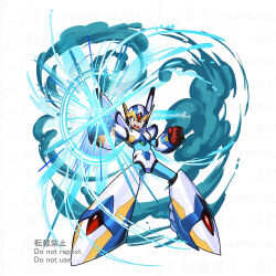  1boy android arm_cannon armor boots energy falcon_armor_x_(mega_man) forehead_jewel full_body green_eyes helmet looking_at_viewer male_focus mechanical_wings mega_man_(series) mega_man_x_(series) open_mouth powering_up simple_background smoke solo teeth twitter_username upper_teeth_only weapon white_armor white_background white_footwear white_helmet wings x_(mega_man) x_buster yamanashi_taiki 