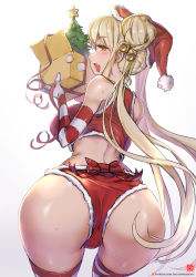 1girl ass bare_shoulders bell blonde_hair blush breasts christmas elbow_gloves fang from_behind gao_(gaolukchup) gloves hat huge_ass large_breasts leaning leaning_forward long_hair looking_at_viewer looking_back open_mouth orange_eyes original ribbon santa_costume santa_hat shiny_clothes shiny_skin short_shorts shorts sideboob smile solo striped_clothes striped_thighhighs thighhighs twintails very_long_hair rating:Questionable score:125 user:armorcrystal