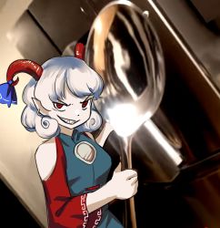  1girl bare_shoulders blue_shirt breasts comically_large_spoon curly_hair ear_piercing earrings evil_smile fridge grin highres holding holding_spoon holding_weapon horns japanese_clothes jewelry kimono meme mirror piercing pointy_ears realistic_background red_eyes sharp_teeth sheep_girl sheep_horns shirt smile spoon teeth thick_eyebrows touhou sunken_fossil_world toutetsu_yuuma vine weapon white_hair  rating:Sensitive score:18 user:setup2134