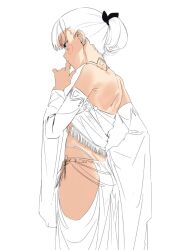  1girl bare_shoulders cowboy_shot detached_sleeves highres hip_vent kerorira original partially_colored ponytail profile short_hair simple_background sketch skirt solo strapless white_background 