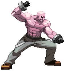  bald diepod fighting_stance hellhound_chronicle_(history_asunder) lowres male_focus marco_reedson muscular pixel_art polearm skin_disorder steel_bands weapon white_background  rating:Sensitive score:2 user:Mishima