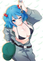  1girl absurdres baseball_cap belt black_belt black_bra blue_hair bra breasts cleavage closed_mouth collarbone commentary_request cowboy_shot green_hat grey_jumpsuit hair_bobbles hair_ornament hat highres holding holding_tool holding_wrench jumpsuit kawashiro_nitori large_breasts light_blush long_sleeves medium_hair necono_(nyu6poko) one_eye_closed puffy_sleeves simple_background smile touhou two_side_up underwear unworn_hat unworn_headwear unzipped upper_body white_background wrench 