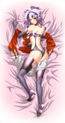  1girl all_fours alternate_costume ass back backboob bare_shoulders bed bed_sheet black_gloves black_thighhighs blush body_blush boots breasts choker dakimakura_(medium) devil_survivor elbow_gloves feathers female_focus full_body gloves hair_ornament headdress high-cut_armor_(persona) high_heel_boots high_heels highres kneepits kuzuryuu_amane legs long_image looking_at_viewer looking_back parted_lips persona persona_3 purple_eyes purple_hair segami_daisuke sheet_grab shiny_clothes shiny_skin short_hair solo tall_image the_bed thigh_boots thighhighs thighs unworn_clothes  rating:Sensitive score:44 user:danbooru