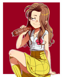  1girl alternate_hairstyle bare_arms border brown_eyes brown_hair collared_shirt crossed_legs food hair_down hair_over_one_eye highres jcm2 boutonniere light_smile long_hair luan_loud matching_hair/eyes meat miniskirt outline outside_border red_background salami_(food) shirt short_sleeves simple_background sitting skirt smile socks solo the_loud_house white_border white_outline white_shirt yellow_skirt yellow_socks  rating:Sensitive score:275 user:Xalrun