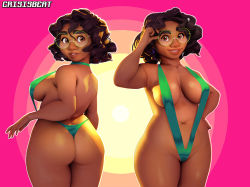  1girl abstract_background artist_name ass breasts brown_eyes brown_hair cowboy_shot crisisbeat curly_hair curvy dark-skinned_female dark_skin earrings encanto glasses green_one-piece_swimsuit impossible_clothes jewelry large_breasts leotard looking_at_viewer looking_back mirabel_madrigal multiple_views navel one-piece_swimsuit short_hair sideboob slingshot_swimsuit smile swimsuit thick_eyebrows thick_thighs thighs thong_leotard underboob  rating:Explicit score:85 user:DEVILFISH97