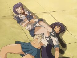  2girls apron arm_grab armbar between_breasts blue_hair breasts clenched_teeth eyepatch fighting fingerless_gloves gloves green_eyes highres ikkitousen kan&#039;u_unchou large_breasts legs long_hair lying maid_apron midriff multiple_girls navel panties pantyshot purple_hair ryomou_shimei school_uniform short_hair skirt stitched teeth thighs third-party_edit torn_clothes underwear very_long_hair wrestling  rating:Questionable score:8 user:spk