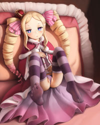  1girl absurdres beatrice_(re:zero) blonde_hair blush bow butterfly-shaped_pupils cleft_of_venus crown crumbles drill_hair feet fur_trim hair_bow highres knees_up loli long_hair mini_crown multicolored_hair no_shoes panties parted_lips partially_visible_vulva pink_bow pink_panties pink_thighhighs purple_panties re:zero_kara_hajimeru_isekai_seikatsu sitting solo striped_clothes striped_thighhighs symbol-shaped_pupils thighhighs toes underwear wedgie  rating:Questionable score:493 user:Domestic_Importer
