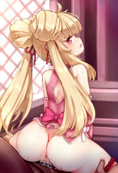 1boy 1girl ajitarou_(setsu) anus ass back_bow back_cutout blonde_hair bottomless bow censored china_dress chinese_clothes clothing_cutout commentary_request cum cum_in_pussy cum_overflow detached_sleeves double_bun dress hair_bun hetero highres little_witch_nobeta loli looking_back male_pubic_hair mosaic_censoring nobeta open_mouth paid_reward_available pink_bow pink_dress pink_eyes pink_sleeves pubic_hair pussy_juice reverse_upright_straddle sex sex_from_behind sideways_mouth sleeveless sleeveless_dress tearing_up textless_version twintails vaginal variant_set rating:Explicit score:84 user:danbooru