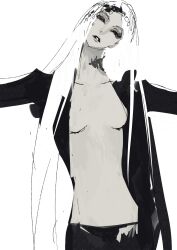  1girl blending breasts collarbone facing_viewer greyscale head_tilt highres jacket long_hair monochrome no_bra open_clothes open_jacket original outstretched_arms pants spread_arms standing toduring very_long_hair 