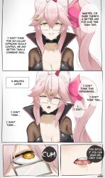 1girl absurdres animal_ears black_bodysuit bodysuit breasts choker cleavage collarbone empty_eyes english_text eroborne fate/grand_order fate_(series) fox_ears fox_girl glasses hair_ribbon heart heart-shaped_pupils highres hypnosis koyanskaya_(fate) large_breasts long_hair mind_control open_mouth pendulum pink_hair pink_ribbon ponytail ribbon saliva speech_bubble symbol-shaped_pupils tamamo_(fate) tongue yellow_eyes zipper_pull_tab