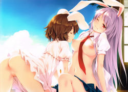  2girls absurdres age_difference animal_ears ass between_breasts biting blush bottomless breast_sucking breasts breasts_apart brown_hair carrot cleft_of_venus closed_eyes clothes_lift cloud covered_erect_nipples dress dress_lift female_focus highres inaba_tewi ke-ta leaning_forward loli long_hair medium_breasts miniskirt multiple_girls necktie necktie_between_breasts nipple_biting nipples no_panties one_eye_closed onee-loli open_clothes open_shirt pleated_skirt puffy_short_sleeves puffy_sleeves purple_hair pussy rabbit_ears red_eyes red_neckwear reisen_udongein_inaba scan see-through short_dress short_hair short_sleeves shouji sitting skirt sky sliding_doors touhou uncensored wince yuri  rating:Explicit score:242 user:spiderfan