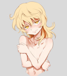 1girl areola_slip bare_shoulders blonde_hair breasts brown_eyes collarbone covering_privates female_focus funnyari grey_background head_tilt jitome loli looking_at_viewer navel outie_navel simple_background small_breasts smile solo tanya_degurechaff upper_body youjo_senki rating:Questionable score:211 user:Dweenie