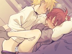  2boys anal blonde_hair blush bottomless breath censored clothes_pull ear_piercing grey_legwear grey_sweater hair_between_eyes hand_on_another&#039;s_head lying male_focus male_penetrated missionary multiple_boys on_back open_mouth original pants pants_pull piercing pillow pillow_(nutsfool) red_hair sex shota socks spiked_hair sweat sweater white_sweater yaoi  rating:Explicit score:364 user:danbooru